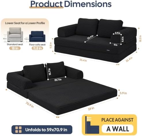 COMAX Convertible Futon Sofa Bed, 59" Folding Boneless Loveseat Small Couch