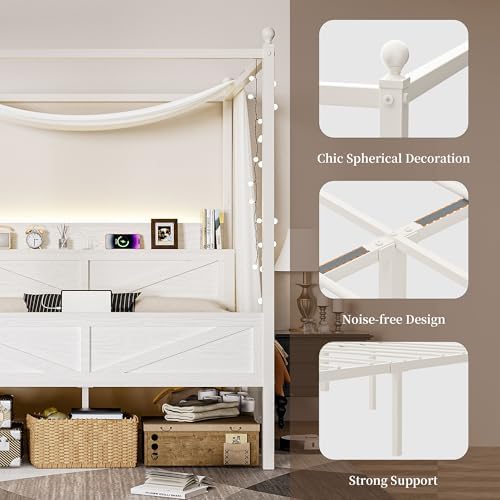 Canopy Bed Frame Full Size with Storage Headboard, Beige