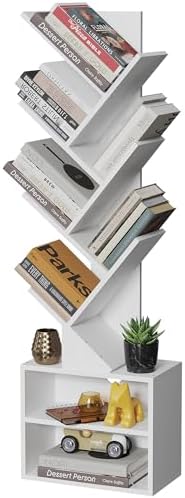 SUNMORY 6 Tier Tree Bookshelf, Tall Small Bookcase with Storage Cabinet