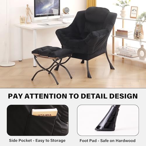 Tiita Lazy Chair with Ottoman, Comfy Reading Accent Chair, Velvet Black