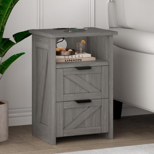 Farmhouse Night Stand Set of 2, Bed Side Table with 2 Drawers and Storage Shelf, Rustic Grey End Table for Bedroom, Living, Entryway, Office, Dorm, Small Spaces, Grey