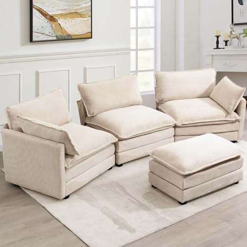 ROWHY 112'' Modular Sectional Cloud Couch with Movable Ottoman, 4 Seat Modern Corduroy Sofa, Deep Seat L Shaped Couch for Living Room Bedroom Apartment, Beige