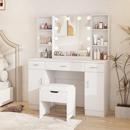 Halitaa Makeup Vanity Desk with Lighted Mirror, White Vanity Set Makeup Table with 3 Drawers, 2 Cabinets and Storage Stool, Large Vanity 45inch, White
