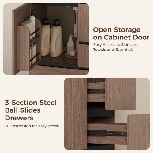 IRONCK 30-Inch Bathroom Vanity with Ceramic Sink, Modern (Walnut Brown) | Power Outlet | Freestanding | Divided storage | Hiddle Handle | Soft-Close Hinges