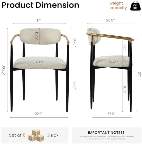 COLAMY Mid Century Modern Dining Chairs Set of 6, Upholstered Kitchen Room Chairs with 3" High-Resilience Cushion, Sturdy Metal Legs and Ergonomic Curved Backrest for Home Office, Camel