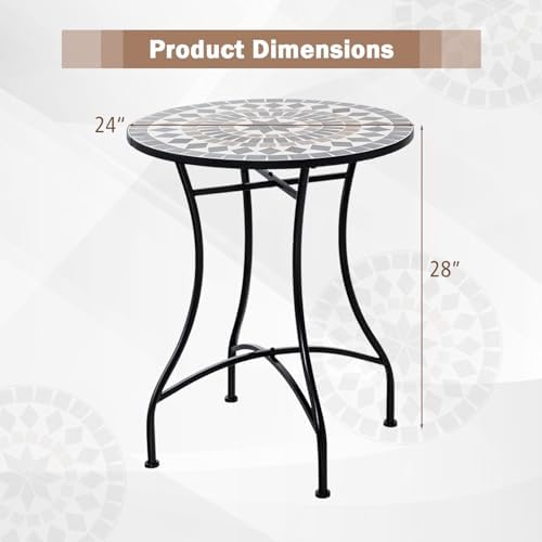 GIANTEX 24 Inch Patio Bistro Table, Mosaic Round Table w/Ceramic Tile Tabletop, Heavy-Duty Metal Structure, Outdoor Dining Table for Backyard, Garden, Porch (Black (Star Pattern))