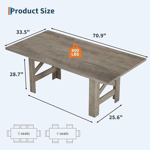 71" Farmhouse Dining Table for 6-8 Person, Large Rectangular Wood Dining Room Table Only, Rock-Strong Thick Base & Heavy Duty Triangular Legs for Kitchen, Office & Restaurant, Rustic Gray