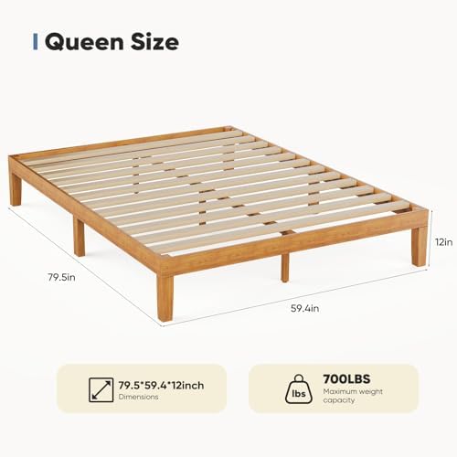 DUMOS Queen Bed Frame, Solid Wooden 12IN Platform Bed Base with Sturdy Wood Slat Support, Noise-Free Design, No Box Spring Needed, Easy Assembly, Natural Pine