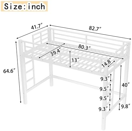 Bellemave Twin XL Size Loft Bed Frame with 2 Ladder, Sturdy Metal Construction & High Guardrail, Space Saving Twin XL Loft Bed for Kids, No Box Spring Needed, Safe for Adults, Teens, Dorms, White