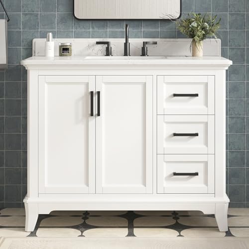 42 Inch Bathroom Vanity with Sink, Pre Assembled, White | Farmhouse Bathroom Vanity Set with Quartz Countertop, Bathroom Storage Cabinet with Soft Close Doors & Dovetail Pine Drawers