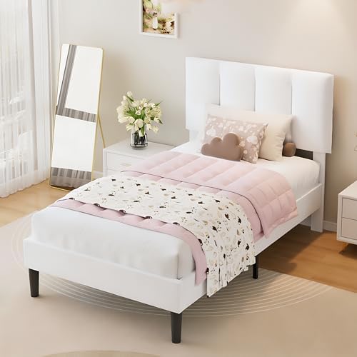 VECELO Twin Size Bed Frame with Upholstered Headboard, Pure White
