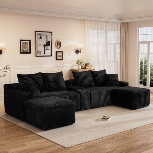 127" U Shaped Cloud Couch Modular Sectional Sofa, Comfy Fluffy Corduroy Black Boneless Sectional Couches for Living Room, Modern Cloud Sofas with Cup Holders & USB Port, Black