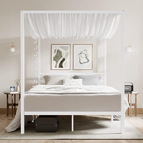 ikalido Full Size Metal Canopy Bed Frame, Heavy-Duty Support, White