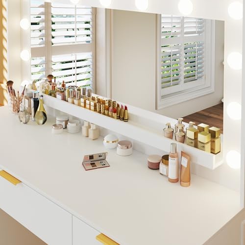 HUAHUU Vanity Desk with Mirror and Lights, 45.3in Makeup Vanity with 7 Drawers & Large Mirror, White Vanity with 3-Color Adjustable Lighting & Power Outlet, Vanity Desk for Bedroom