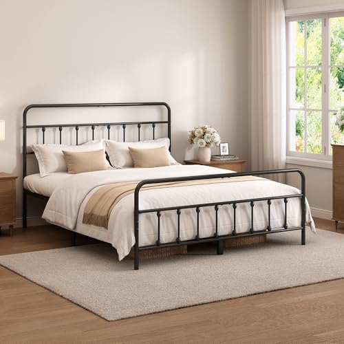 Queen Size Metal Bed Frame with Headboard and Footboard,Black