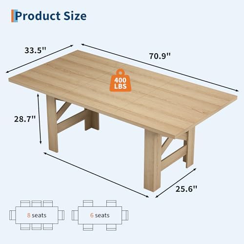 IDEALHOUSE 71" Long Dining Table for 6-8, Farmhouse Wooden Barn Kitchen Table for 6, Triangular Legs, Large Dining Room Table w/Thickened Tabletop, Sturdy Frame, for Dinner, Kitchen, Office, Natural