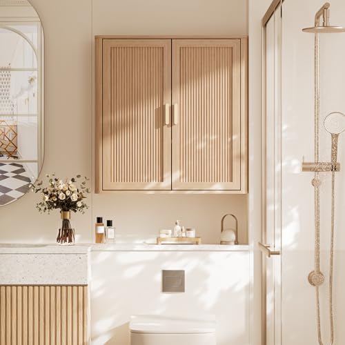 INNOD Bathroom Storage Wall Cabinet, Over the Toilet Storage Cabinet Above Toilet Storage, Medicine Cabinet with Adjustable Wood Shelf & Doors for Laundry Room & Kitchen & Living Room (Natural Oak)