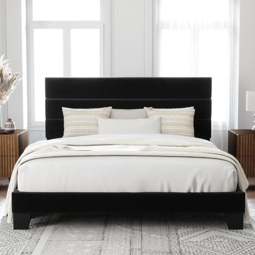 Allewie Cal King Size Platform Bed Frame with Velvet Upholstered Headboard