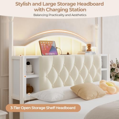 Twin Size Upholstered LED Canopy Bed Frame with 2 Drawers and & Charging Station, Button Tufted Storage Headboard, Metal Platform Bed with 4 Removable Posts, No Box Spring Needed, White