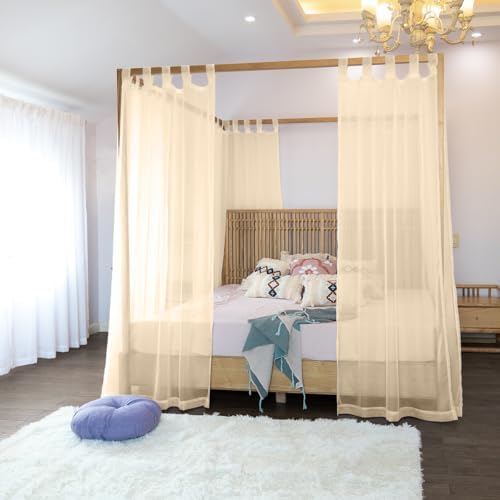 Linentalks Canopy Bed Curtains for King, Queen, Full and Twin Bed, 4 Corner Bed Canopies & Drapes, Four Poster Bed Canopy Curtains Beds, Sheer Curtains for Canopy Bed Drapes, Champagne