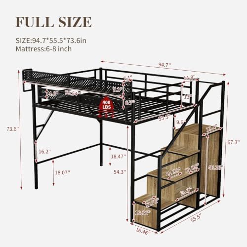 Full Size Metal Loft Bed with Storage Stairs, Wardrobe & Charging Station