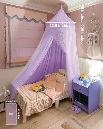 Bed Canopy with Star Lights, Double Layer Canopy for Bed, Princess Play Tent for Girls Room, Breathable Canopy Bed Curtain for Children Reading Nook, Machine Washable Canopy, 25.6''x106'', Purple