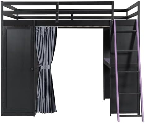 Merax Full Size Loft Bed with Desk and 6 Storage Shelves, Wardrobe, Blackout Curtain, Solid Wood Gaming Loft Bed Frame with USB Port & RGB Lights, No Box Spring Needed, Space-Saving, Black+Purple