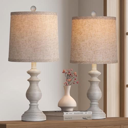 PARTPHONER Traditional Table Lamp Set of 2, Rustic Farmhouse Table Lamps for Living Room Bedroom, 22" Bedside Desk Lamps Vintage Nightstand Lamps with Linen Shades, Antique Grey