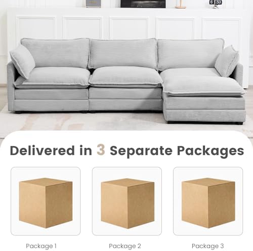 ROWHY 112'' Modular Sectional Cloud Couch with Movable Ottoman, 4 Seat Modern Corduroy Sofa, Deep Seat L Shaped Couch for Living Room Bedroom Apartment,Light Grey