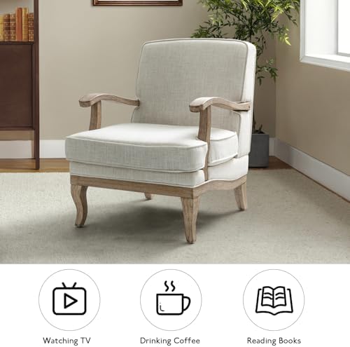 HULALA HOME Mid-Century Modern Accent Chair, Upholstered Living Room Lounge Chair, Lounge Armchair with Romantic Stripes & Solid Wood Legs, Living Room Bedroom Single Sofa Chair (Ivory)
