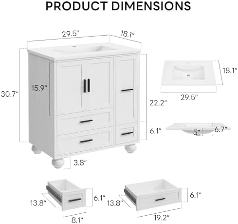 LIKIMIO 29.5" Bathroom Vanity with Sink, Hair Tool Drawer, 4 Solid Legs, 4 Drawers 2 Doors, Modern Freestanding Wooden Bathroom Cabinet with Undermount Upgraded SMC Sink, Quick Assembly, White