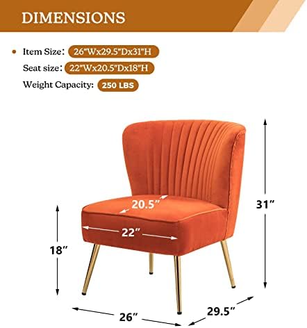 HULALA HOME Velvet Accent Chair, Modern Upholstered Cute Side Chair with Gold Metal Legs, Armless Wingback Slipper Chair Comfy Living Room Chair for Bedroom Guest Room Vanity,Orange