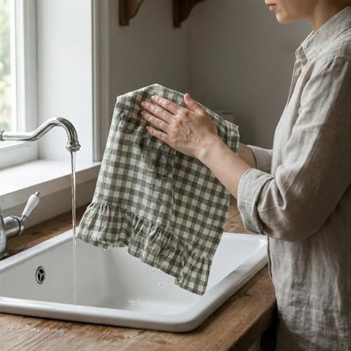 HunnmingRe 4 Pcs Sage Green Gingham Kitchen Towels Cotton Ruffled