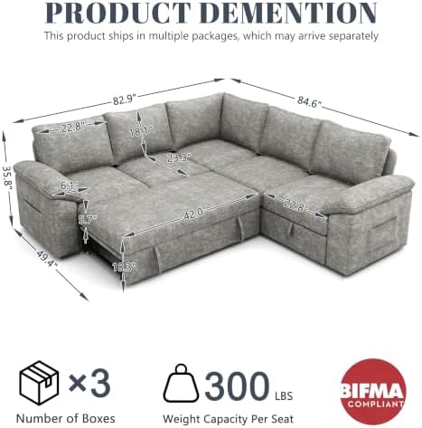 85'' Modular Sectional Sofa with Pull Out Bed, Sleeper Sofa, Light Gray
