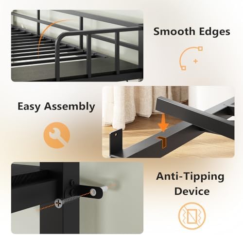 FCH Metal Triple Bunk Bed Twin Over Twin Over Twin,3 Bunk Beds with Shelves for Kids,Teens and Adults, Detachable 3 Person Bed, No Box Spring Needed,Black