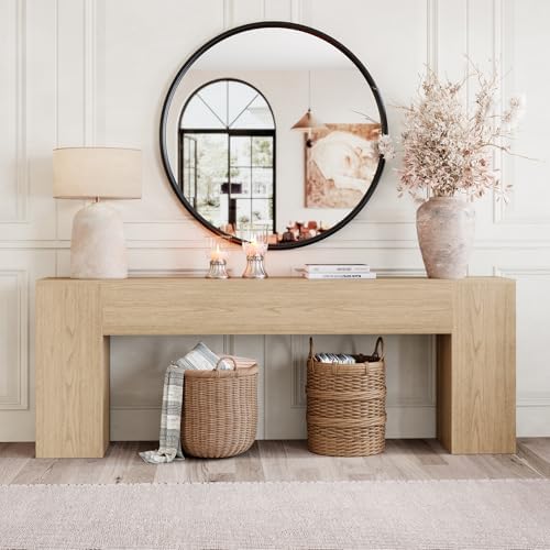 Epecoya 86-Inch Console Table for Living Room, Light Oak Brown