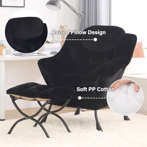 Tiita Lazy Chair with Ottoman, Comfy Reading Accent Chair, Plush Black