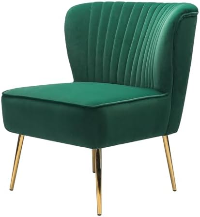 HULALA HOME Velvet Accent Chair, Modern Upholstered Cute Side Chair with Gold Metal Legs, Armless Wingback Slipper Chair Comfy Living Room Chair for Bedroom Guest Room Vanity,Green