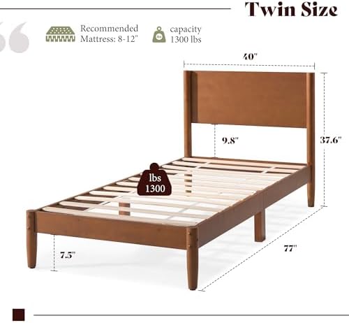 AMERLIFE Solid Wood Twin Bed Frame, Mid Century Bed with Headboard, Brown