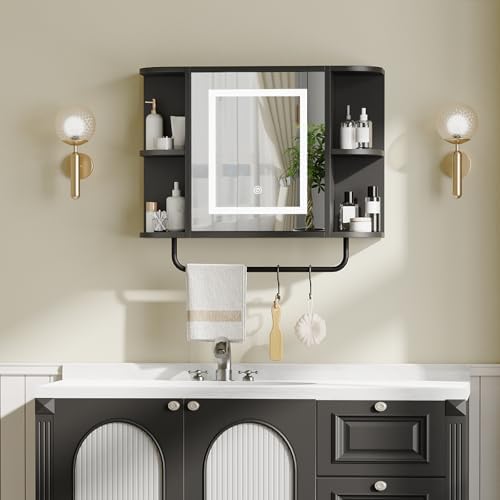 MAHANCRIS Bathroom Wall Cabinet with Mirror, Mirrored Medicine Cabinet with LED Light and Open Shelves, Wall Mounted Over Toilet Storage Cabinets with Adjustable Shelf, 21.7"L x 6.7"W x 18.1"H, Black