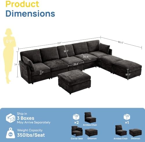 Iroomy Modular Sectional Couch for Living Room, Spring Cushion Seating, Modern Convertible Cloud Sofa with Ottoman, Black