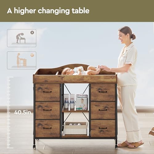 YeTom Changing Table, 6-Drawer Dresser, Adjustable Shelves, Rustic Brown