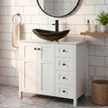 32" White Bathroom Vanity with Marble Texture Top and 4 Drawers, Traditional Standing Pedestal Cabinet with Gold Boat Glass Vessel Sink