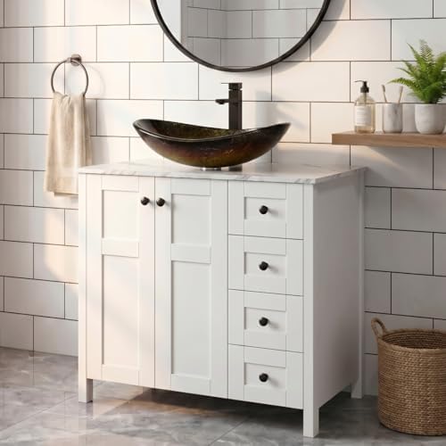 32" White Bathroom Vanity with Marble Texture Top and 4 Drawers, Traditional Standing Pedestal Cabinet with Gold Boat Glass Vessel Sink