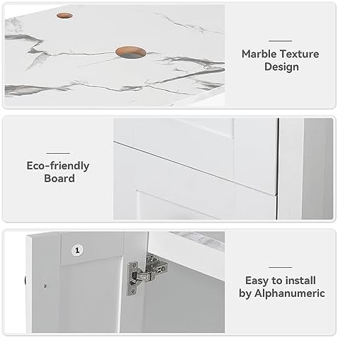 32" White Bathroom Vanity with Marble Texture Top and 4 Drawers, Modern Standing Pedestal Cabinet Without Sink