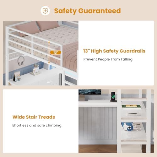ADORNEVE Loft Bed Full Size with U-Shaped Desk, 6 Storage Drawers,White
