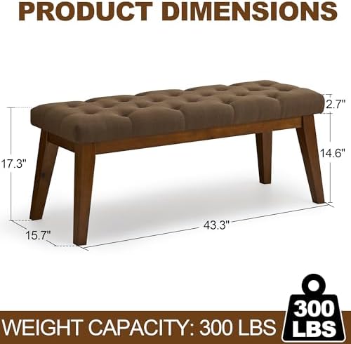 WUTUTUEE 43.5'' Linen Bedroom Bench, Upholstered End of Bed Bench with Tufted Button, Padded Vintage Dining Bench, Entryway Bench with Solid Wood Legs, Kitchen, Living Room, Hallway, Brown Tufted