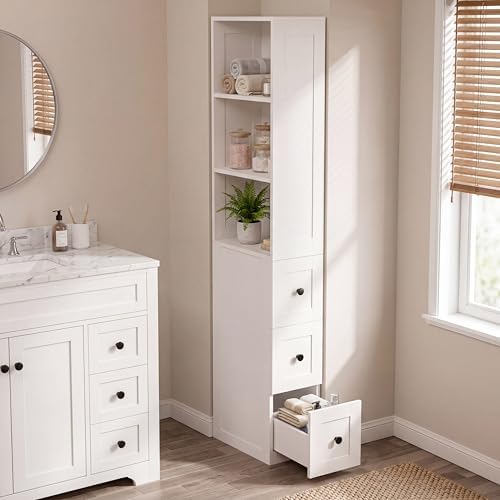 Tall Narrow Bathroom Storage Cabinet, 67" Floor Cabinet with 2-Way Reversible Door & 3 Drawers, Narrow Pantry Linen Tower with Adjustable Shelves for Small Space, Kitchen, Laundry, White