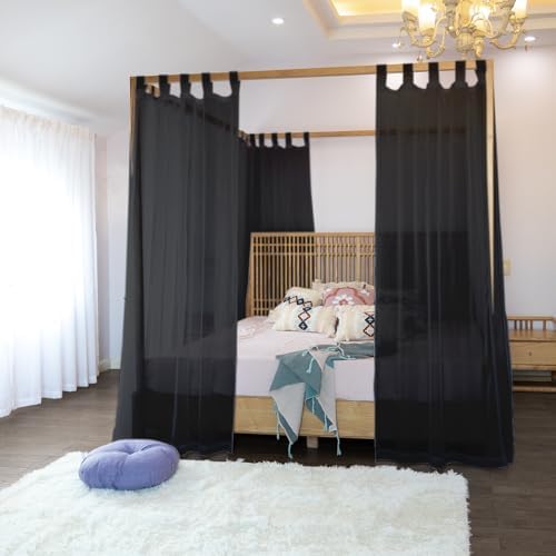 Linentalks Black Canopy Bed Curtains - 8 Panels Set with Tiebacks, Easy Open & Close Tabs, Quick Install for 4 Poster Bed or Queen Bed Frames, Romantic Touch for Bedrooms, Canopy Bed Curtains Queen