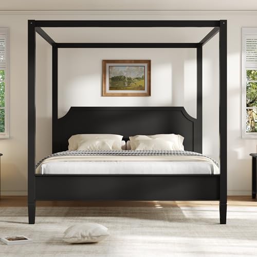 King Size Wood Canopy Bed Frame, Black Vintage Four-Posters Platform Bed Frames with Headboard, 10-Slat Support Wooden Post Beds, 8" Under Bed Storage, Easy Assembly (Black, King, 77" H)